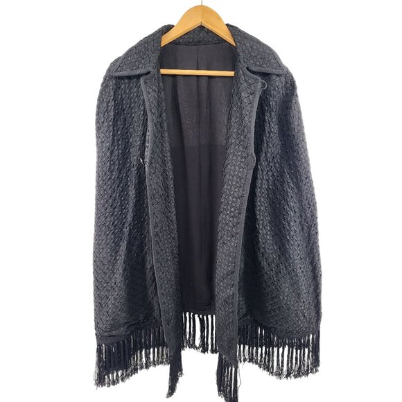Vintage Black‎ Woven Fringed Poncho With Buttons & Arm Holes - Picture 2 of 6